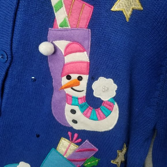 TIARA INTERNATIONAL Women's Royal Blue Christmas Snowman Cardigan Sweater XL - Picture 3 of 8